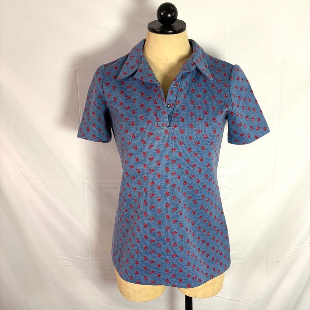 Vintage 70s handmade collared blouse top floral blue red women’s small medium